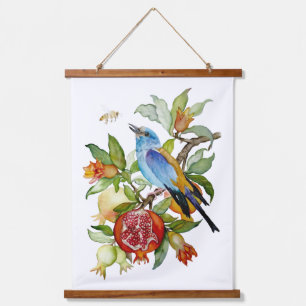 Blauwe Vogel Tussen Granaatappels Waterverf Botani Hangend Wandkleed