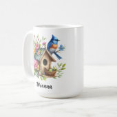 Blauwe Vogel Vogelhuis Bloemen Lente Tuin Koffiemok (Voorkant links)