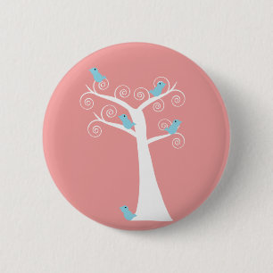 Blauwe Vogel Vogels in een Boom Witte Boom Roze Ronde Button 5,7 Cm