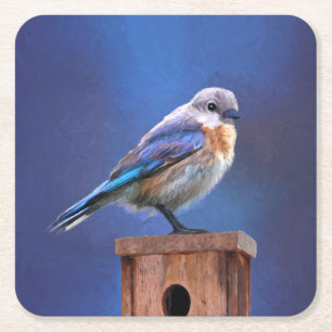 Blauwe Vogel (Vrouwelijk) Schilderij - Originele V Vierkante Kartonnen Onderzetter