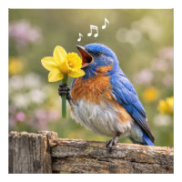 Blauwe Vogel Zingt In Een Gele Narcis