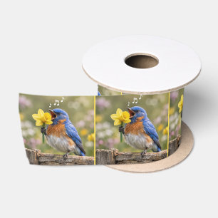 Blauwe Vogel Zingt In Een Gele Narcis Lint