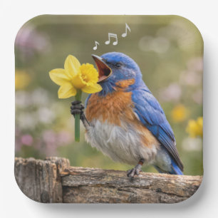 Blauwe Vogel Zingt In Een Gele Narcis Papieren Bordje