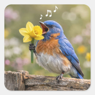 Blauwe Vogel Zingt In Een Gele Narcis Vierkante Sticker