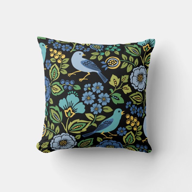 Blauwe vogelbloem op zwart Sierkussen (Voorkant)