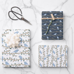 Blauwe vogelkaarten inpakpapier vel