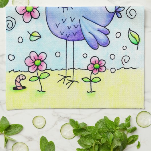 Blauwe vogelpest en bloemen theedoek (Gevouwen)