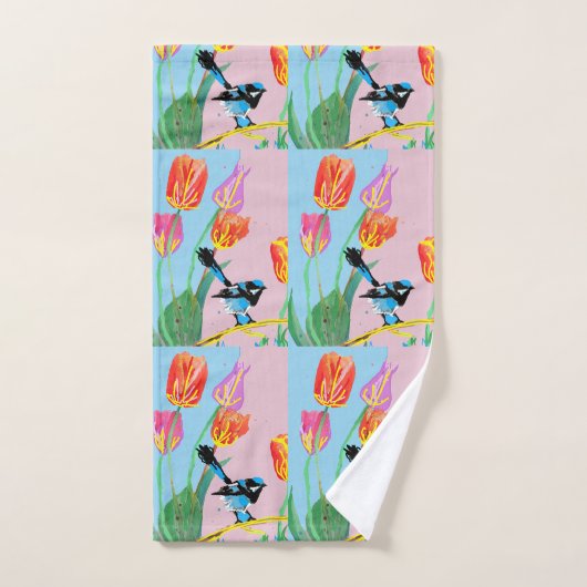 Blauwe vogelroze en blauwe bloemen handdoekset bad handdoek (Handdoek)