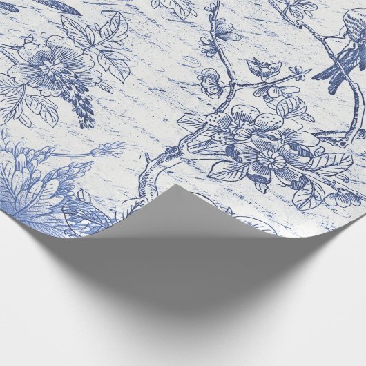 Blauwe Vogels Bloemen Frans Script Cadeaupapier (Hoek)