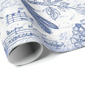 Blauwe Vogels Bloemen Frans Script Cadeaupapier (Rol Hoek)