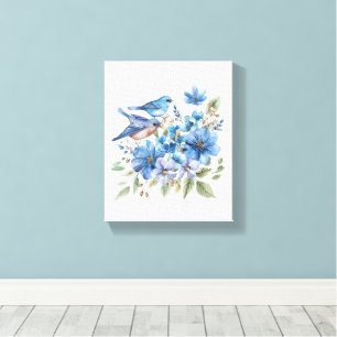 Blauwe Vogels en Blauwe Aquarel Bloemen Botanicals Canvas Afdruk