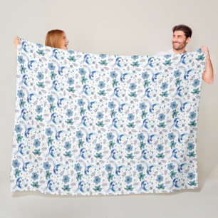 Blauwe Vogels en Bloemige Harmonie Naadloos Patroo Fleece Deken