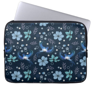 Blauwe Vogels en Bloemige Harmonie Naadloos Patroo Laptop Sleeve