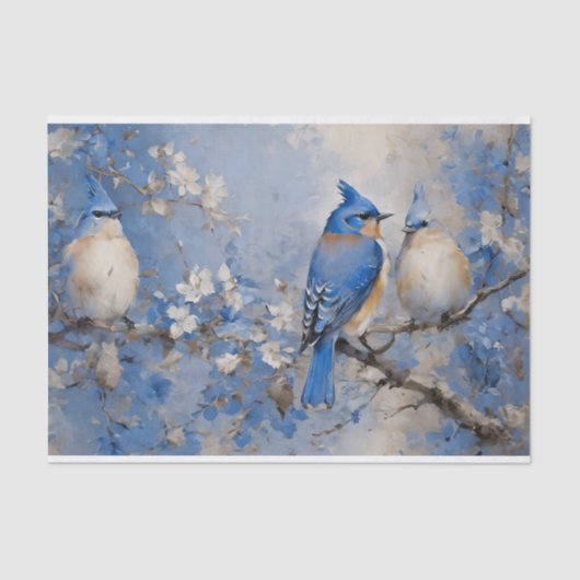 Blauwe Vogels en Bloesems Decoupage Weefseldocumen Tissuepapier (Voorkant)