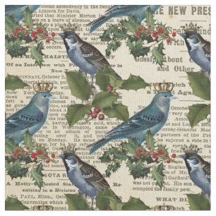  blauwe vogels en kerst Holly Berries Stof