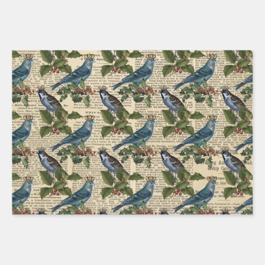Blauwe vogels en kerstHolly Berries Inpakpapier Vel (Voorkant 2)