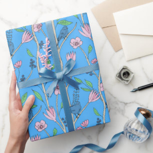 Blauwe Vogels en Roze Bloemen Cadeaupapier
