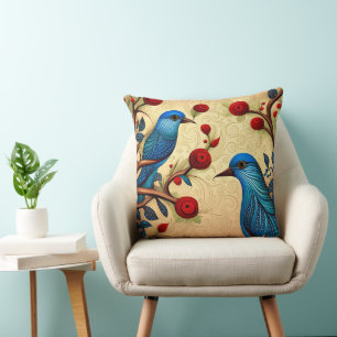 Blauwe Vogels Folk Art Rode Bloemen Swirls Kussen