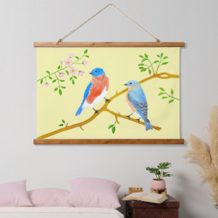 Blauwe vogels Geel Houten Wandtapijten met Bovenra Hangend Wandkleed