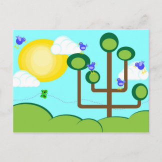 Blauwe vogels, groene boom en zonneschijn briefkaart
