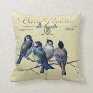 blauwe vogels op een frans briefkaart kussen