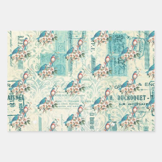 blauwe vogels op ephemera inpakpapier vel (Voorkant)