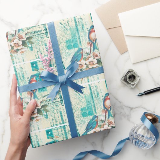  blauwe vogels op het Franse ephemera Cadeaupapier (Geschenken)