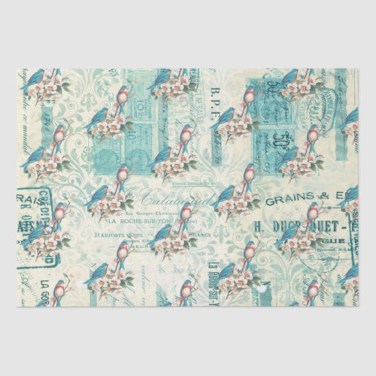 blauwe vogels op het Franse ephemera Tissuepapier (Voorkant)