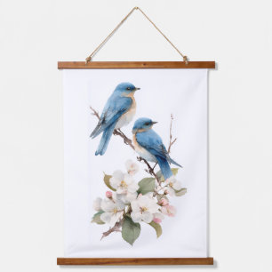 Blauwe vogels op kersenbloesem hangend wandkleed