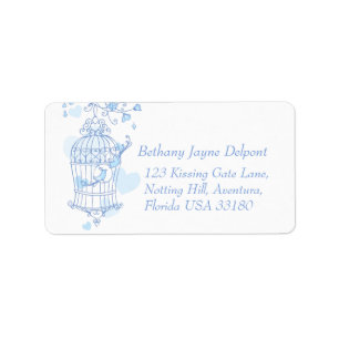 Blauwe vogels, open kooienkuis, etiket van het ret