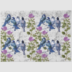blauwe vogels, paarse bloemen, grijze muziek tissuepapier