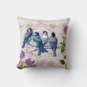 blauwe vogels, paarse bloemen, lavendere muziek kussen