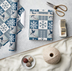 Blauwe Vogels & Sneeuwvlokken Kerstmis Winter Patr Cadeaupapier