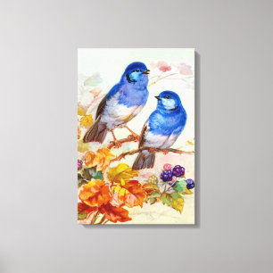 Blauwe vogels vintage kunst canvas afdruk