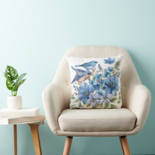 Blauwe Vogels Waterverf Bloemen Botanicals Kussen