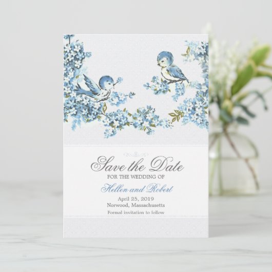 blauwe vogels winterhuwelijk sparen de datum save the date (Staand voorkant)