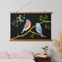 Blauwe vogels Zwarte houten wandtapijten met houte Hangend Wandkleed