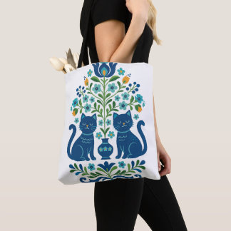 Blauwe volkskunstkatten – Whimsical bloemkatontwer Draagtas