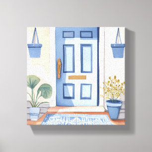Blauwe Voordeur   Huis Aquarel Schilderij Canvas Afdruk