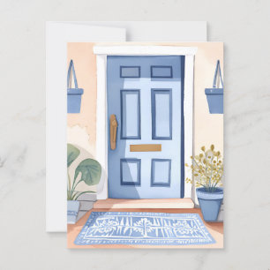 Blauwe Voordeur   Nieuw Huis Aquarel Schilderij Briefkaart