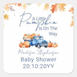 Blauwe Vrachtwagen & Kleine Pompoen op Weg Baby Sh Vierkante Sticker