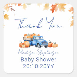 Blauwe Vrachtwagen & Kleine Pompoen op Weg Baby Sh Vierkante Sticker