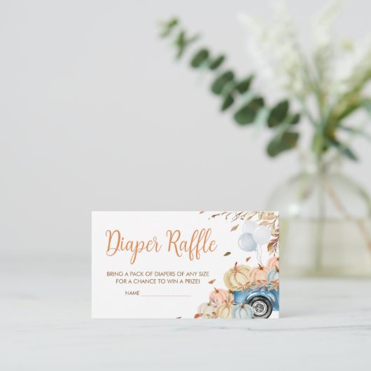 Blauwe Vrachtwagen Pompoen Baby shower Luier Raffl Informatiekaartje (Staand voorkant)