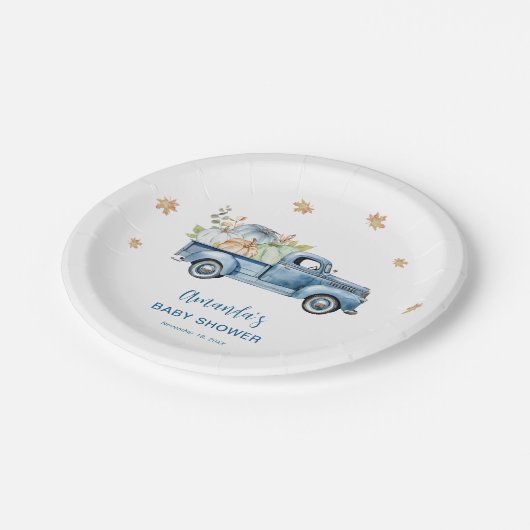 Blauwe Vrachtwagen Pompoen Baby shower Papieren Bordje (Gekanteld)