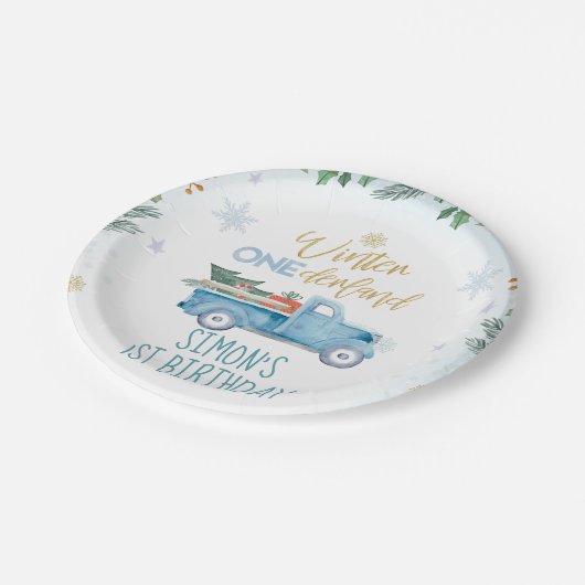 Blauwe Vrachtwagen Winter Onederland Verjaardag Papieren Bordje (Gekanteld)