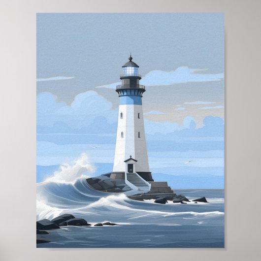 Blauwe vuurtoren op de oceaan poster (Voorkant)