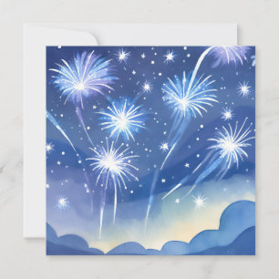 Blauwe Vuurwerk   Vieren Watercolor Kaart