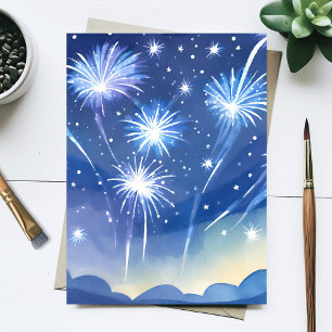 Blauwe Vuurwerk Waterverf Schilderij Vuurwerk Vi Briefkaart