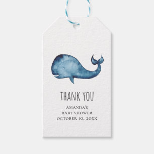 Blauwe walvis baby shower bedankt. Waterverf marin Cadeaulabel