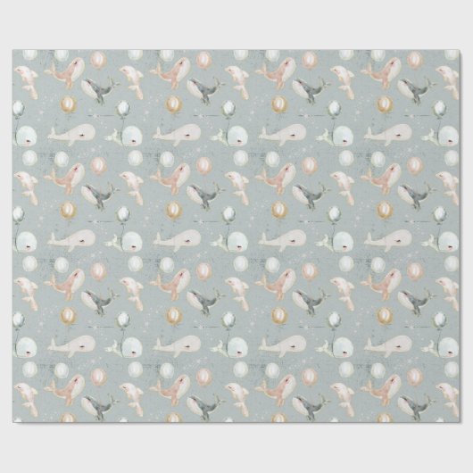 Blauwe walvis Dolfijn en Ballon Gouden Glitter Cadeaupapier (Vlak)